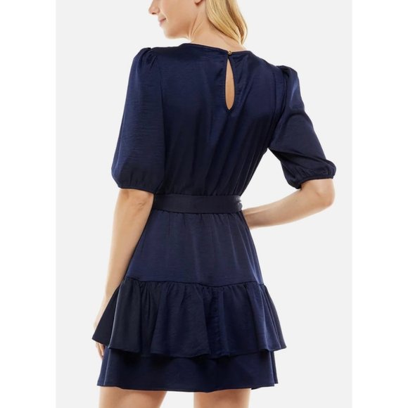 SPEECHLESS Juniors' Belted Tiered V Neck Fit & Flare Puffed Dress Navy Blue M - Picture 2 of 2